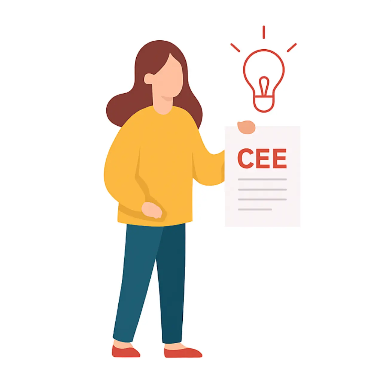 Femme tenant une feuille avec l’inscription CEE, accompagnée d’une ampoule symbolisant les économies d’énergie