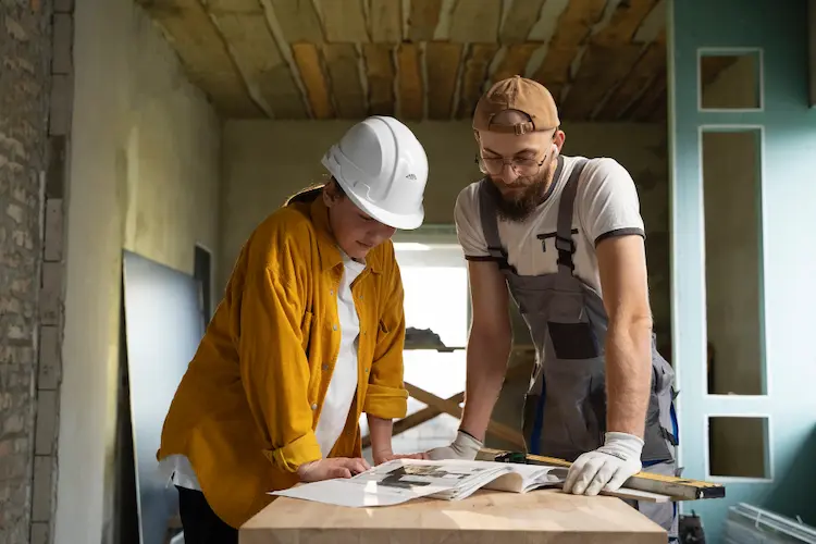 Homme et femme en tenue de chantier avec casque, consultant le plan d’une maison en rénovation intérieure avec plaques de plâtre en cours de pose