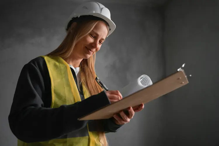 Femme souriante portant un casque de chantier, réalisant un audit énergétique RGE sur une feuille